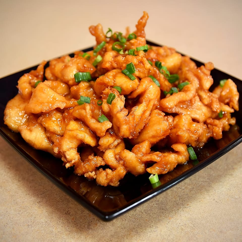 Crispy orange chicken with green onions on a black square plate, a popular Thai dish.