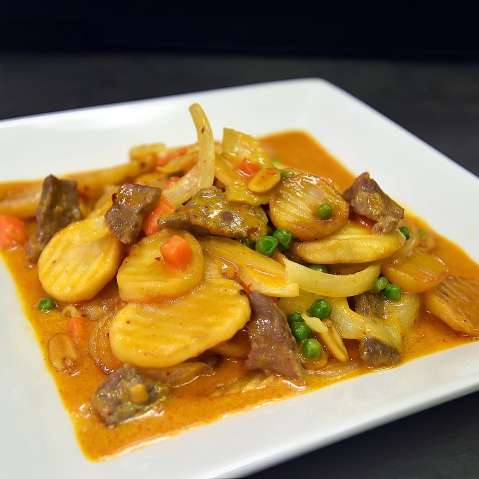 Spicy Bangkok's Massaman Curry with beef, potatoes, onions, carrots, and peas in a rich sauce.