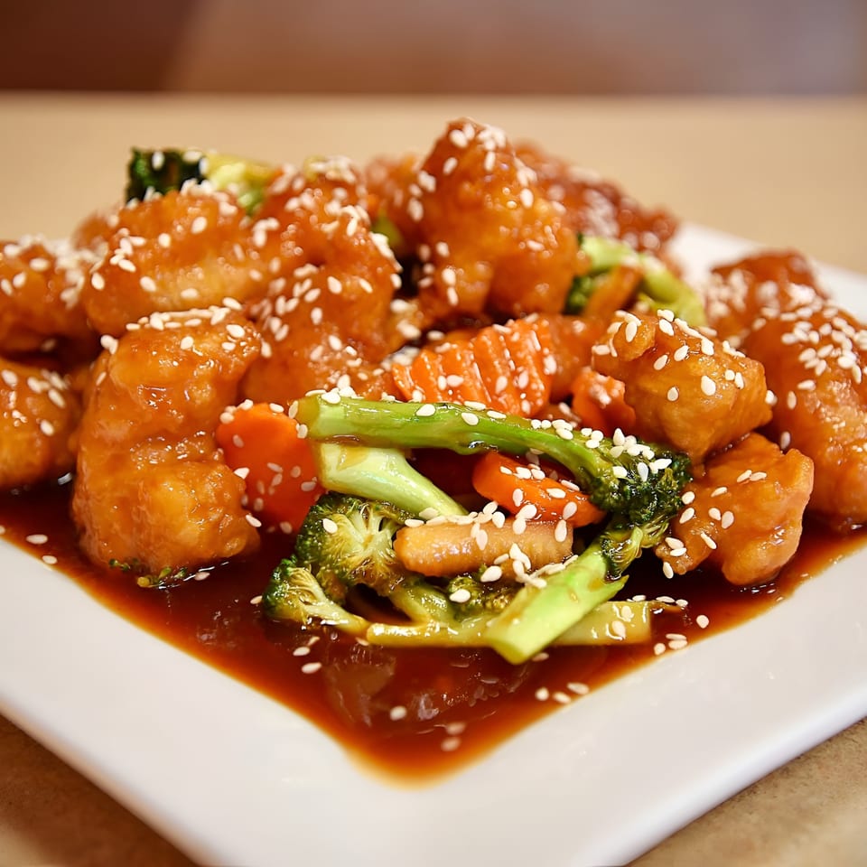 Sesame chicken with broccoli and carrots in a rich brown sauce on a white plate.